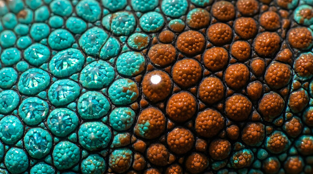 Macro of Chameleon Skin Color Change Zone with Turquoise and Orange Chromatophore Scale Cells