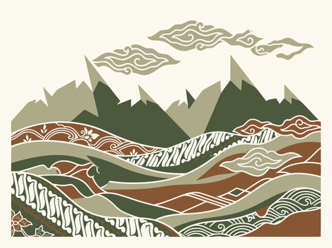 Traditional Indonesian batik landscape illustration with mountains and Megamendung clouds
