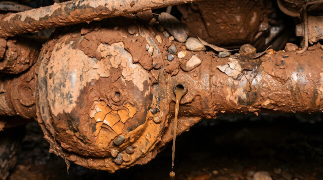 Macro of Mud-Caked 4WD Differential Underbody with Clay Splash Patterns and Embedded River Gravel