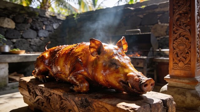 Close-up of Balinese Roasted Suckling Pig Babi Guling with Crispy Golden Skin