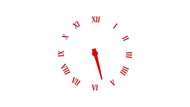 Red Clock spinning, watch animation on black background. Clock icon flat style 24 hours day fast speed with moving timer clock rotation 4k video