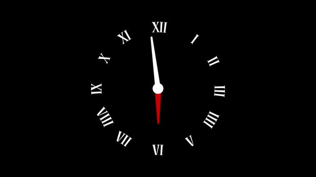 anti clockwise Roman number Clock spinning, watch animation on black background. Clock icon flat style 24 hours day fast speed with moving timer clock rotation 4k video