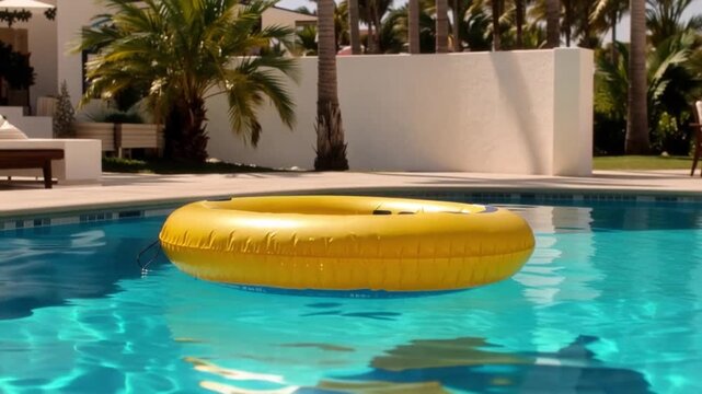  Yellow Inflatable Lilo with Sunhat and Sunglasses in Blue Pool, swimming pool in the hotel