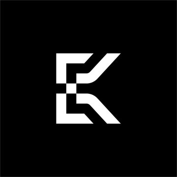 Modern geometric logo framing an abstract letter E and K monogram with sleek, angled black bars.