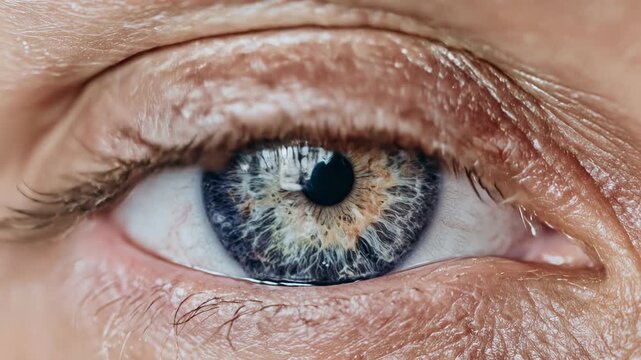 Extreme close-up of a human eye with intricate iris details and skin texture