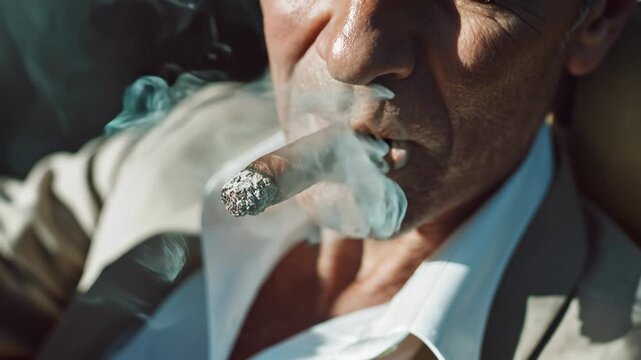Mature man enjoying a cigar, exhaling smoke in a close-up shot
