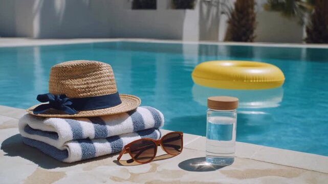  Yellow Inflatable Lilo with Sunhat and Sunglasses in Blue Pool, swimming pool in the hotel
