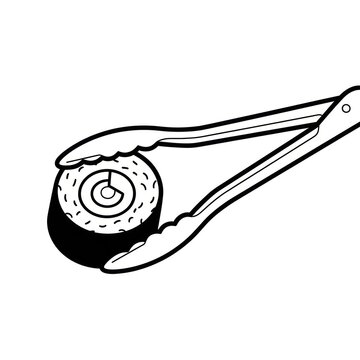 Illustration of tongs gripping a curled sushi roll, minimal detail