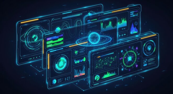 Futuristic digital dashboard with neon glowing data charts