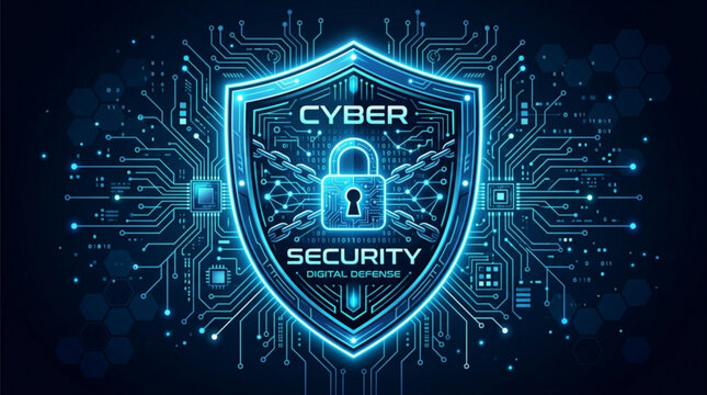 Cyber security shield icon, blue circuit board design, padlock symbol, technology protection concept, digital safety vector
