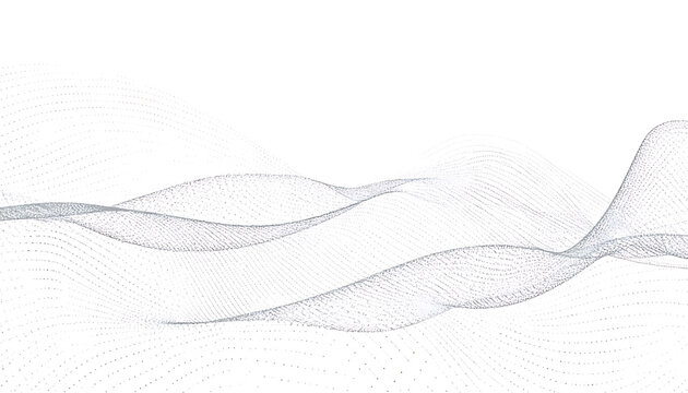 Abstract flowing wave of particles and dots, representing data streams or digital networks, on a clean white background