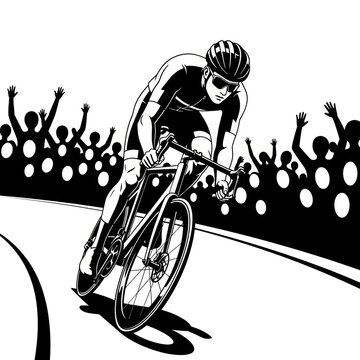 Cyclist in black gear rides fast through cheering crowd