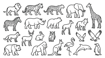 Minimalist wild animal line art collection, set of 22 zoo and safari animal icons, black outline wildlife illustrations for coloring and logos © Saad