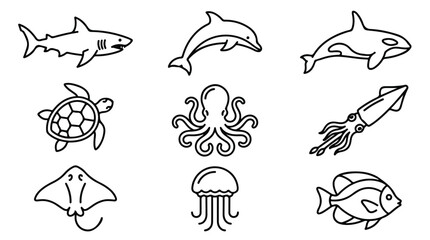 Minimalist sea life icon set, 9 black line art ocean animals, modern marine creature vector illustrations for educational infographics and web design © Saad