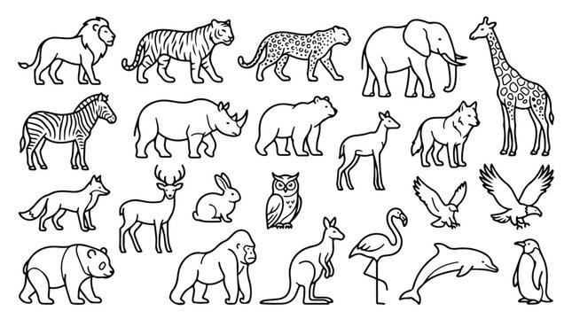 Minimalist wild animal line art collection, set of 22 zoo and safari animal icons, black outline wildlife illustrations for coloring and logos
