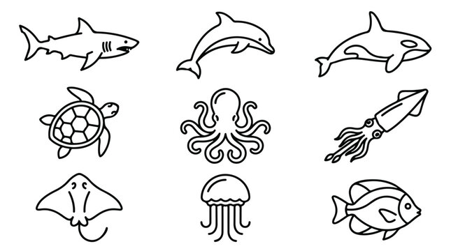 Minimalist sea life icon set, 9 black line art ocean animals, modern marine creature vector illustrations for educational infographics and web design