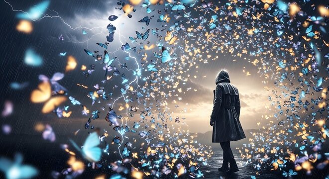 A solitary figure stands amidst a swirling vortex of glowing butterflies during a dramatic storm