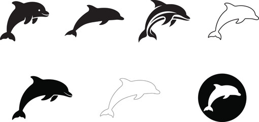 Fototapeta premium Silhouette and Outline Dolphin Icon Collection Representing Marine Life, Ocean Wildlife, and Aquatic Design for Creative Concepts
