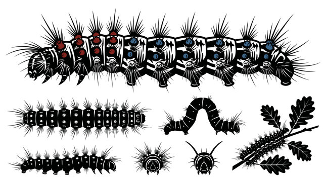 Black and white vector silhouette set of Gypsy Moth Caterpillar.