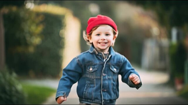 Joyful toddler with a red hat and denim jacket running with a big smile in a park