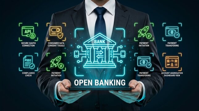 Businessman holding tablet with open banking and financial icons around him