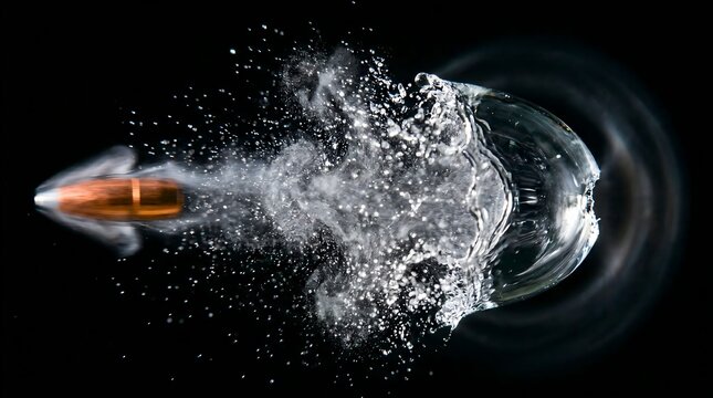 High-speed photography captures a copper-jacketed bullet impacting clear liquid, creating a dynamic splash, mist, and shockwave effect against a deep black background, showcasing extreme precision.