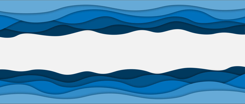 Blue water waves layered art paper wide card. 3D origami design isolated on white background. Vector illustration