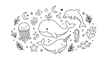 Cute sea animals coloring page vector, underwater marine life line art with whale and dolphin, kawaii ocean creatures doodle set for kids © Saad