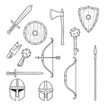 Medieval knight weapons and armor set.
