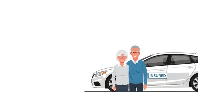 Senior couple standing next to insured white car