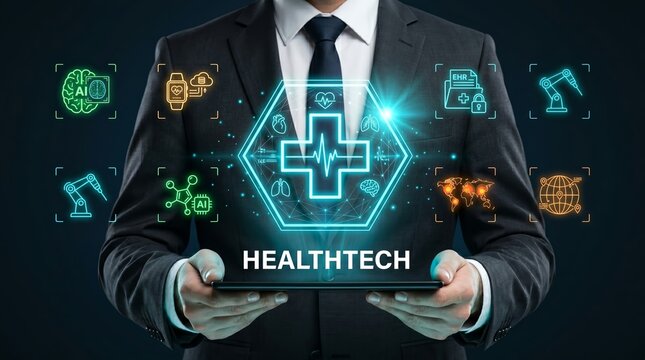 Businessman presenting a futuristic healthtech concept on a tablet device with various medical and technology icons around him