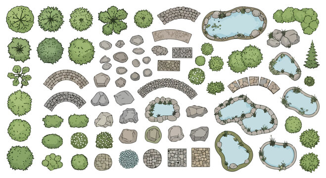 Landscape design elements set, top view garden map symbols with trees and ponds, architectural site plan vector icons for park and backyard layout