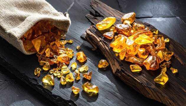 Polished raw amber chunks reflecting light scattered across a dark rough hewn wood surface