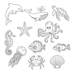 Fototapeta premium Sea creatures illustrations in black and white.
