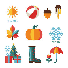 Fototapeta premium Seasonal icons for summer and winter.