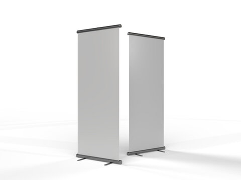 Blank roll up banner mockup standing vertical display isotate on a background. Professional exhibition advertising template for branding, trade shows, promotions, marketing, advertising presentation