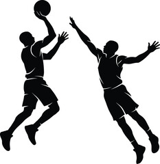 Black silhouette of a professional basketball player taking a jump shot while a defender attempts a block © MDNAHIN
