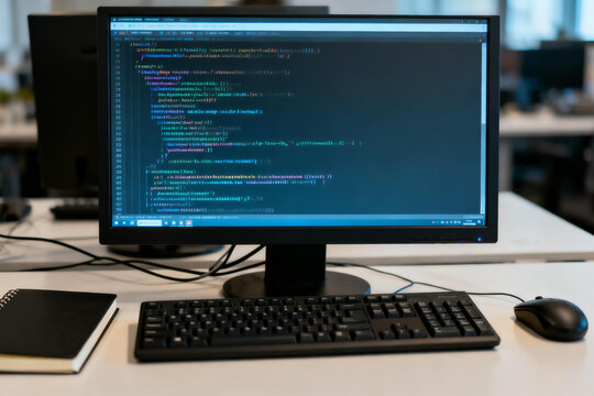 Computer monitor displaying code with keyboard and mouse on office desk