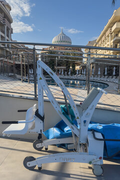 Belek, Kirman Belazur Resort, Turkey - May 6, 2026: An accessible pool elevator at the resort's pool enhances inclusivity for all guests.