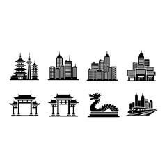 Fototapeta premium Asian Cityscapes and Dragon Icons, Japanese Pagoda, Chinese Gate, Modern Buildings, SVG Graphics
