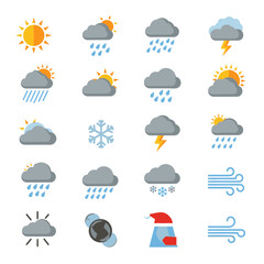Obraz premium Weather forecast icons on white background.