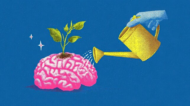 Vibrant illustration on blue background, pink brain with green sprout, halftone hand holding yellow watering can with water drop, starburst accents for creativity and growth themed design