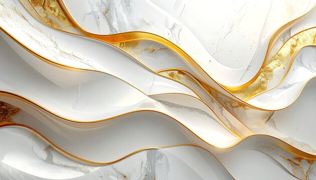 Abstract flowing waves of white and gold, luxurious marble texture, elegant wavy lines with glittering particles, sophisticated background design