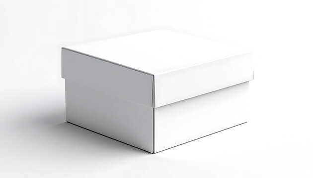 A plain white square box with a lid, isolated on a light gray background, suggesting packaging and delivery.