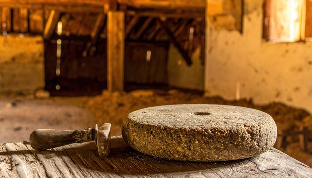 Large rounded grinding stone with a smaller pestle, stained with remnants of food preparation, set in a rustic historical setting