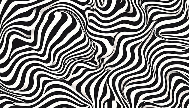 abstract black and white zebra stripe pattern with a liquid wavy texture, optical illusion effect, fluid motion