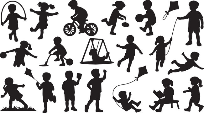 Silhouette Collection of Children's Activities and Play, Ideal for CAD Designs and Visual Projects
