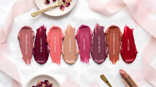 Vibrant lipstick shades displayed on a white surface with makeup tools and flowers