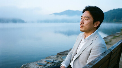 Fototapeta premium Thoughtful Asian Man Reflecting by Misty Lake, Peaceful Nature Contemplation