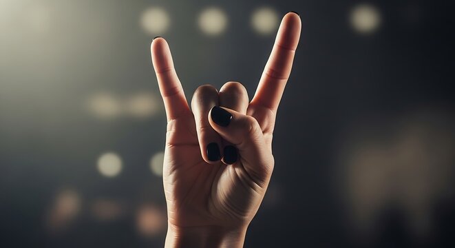 Hand showing the sign of the horns gesture against stage lights